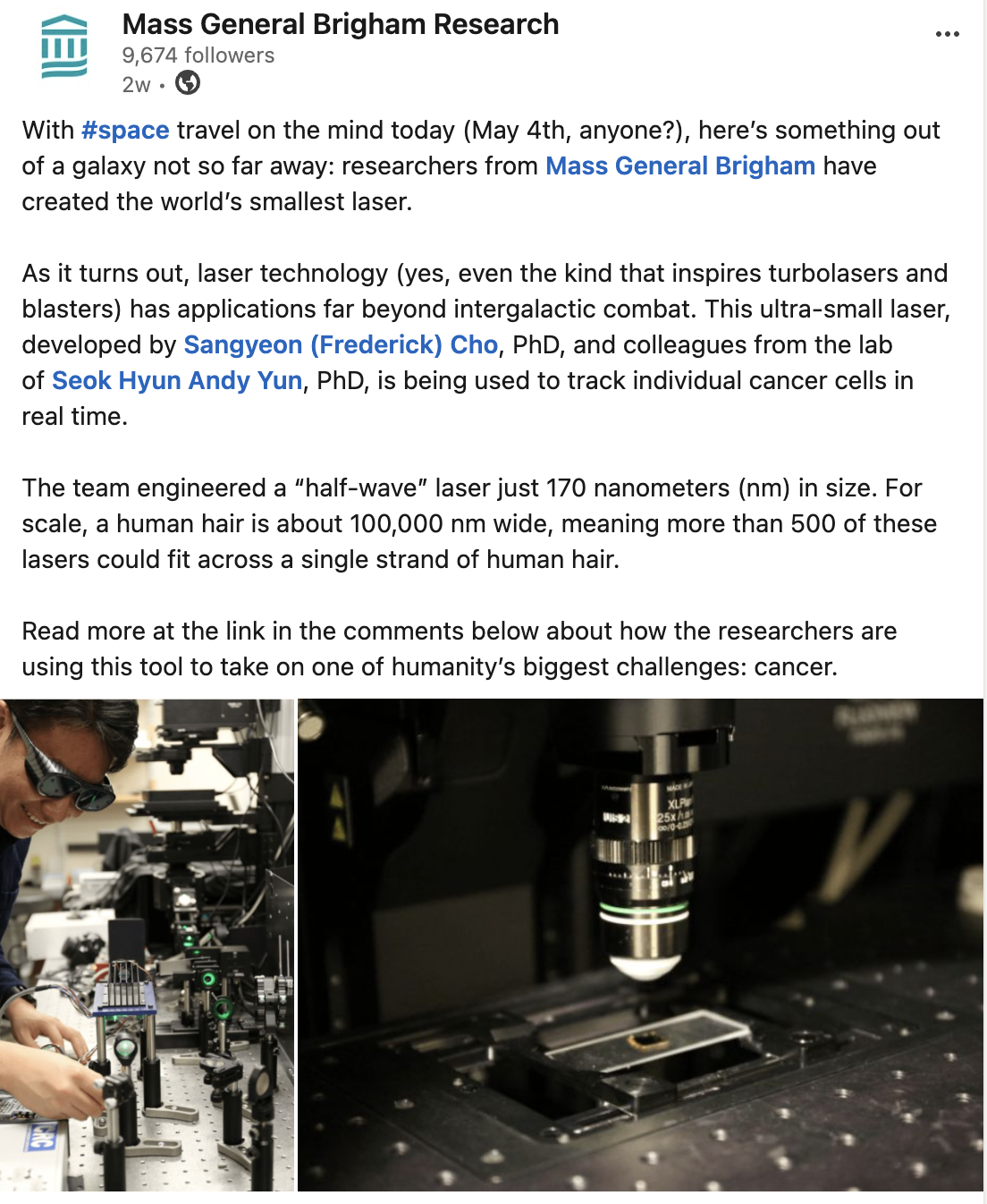 Mass General Brigham Research highlight featuring Professor Cho's work on the world's smallest laser