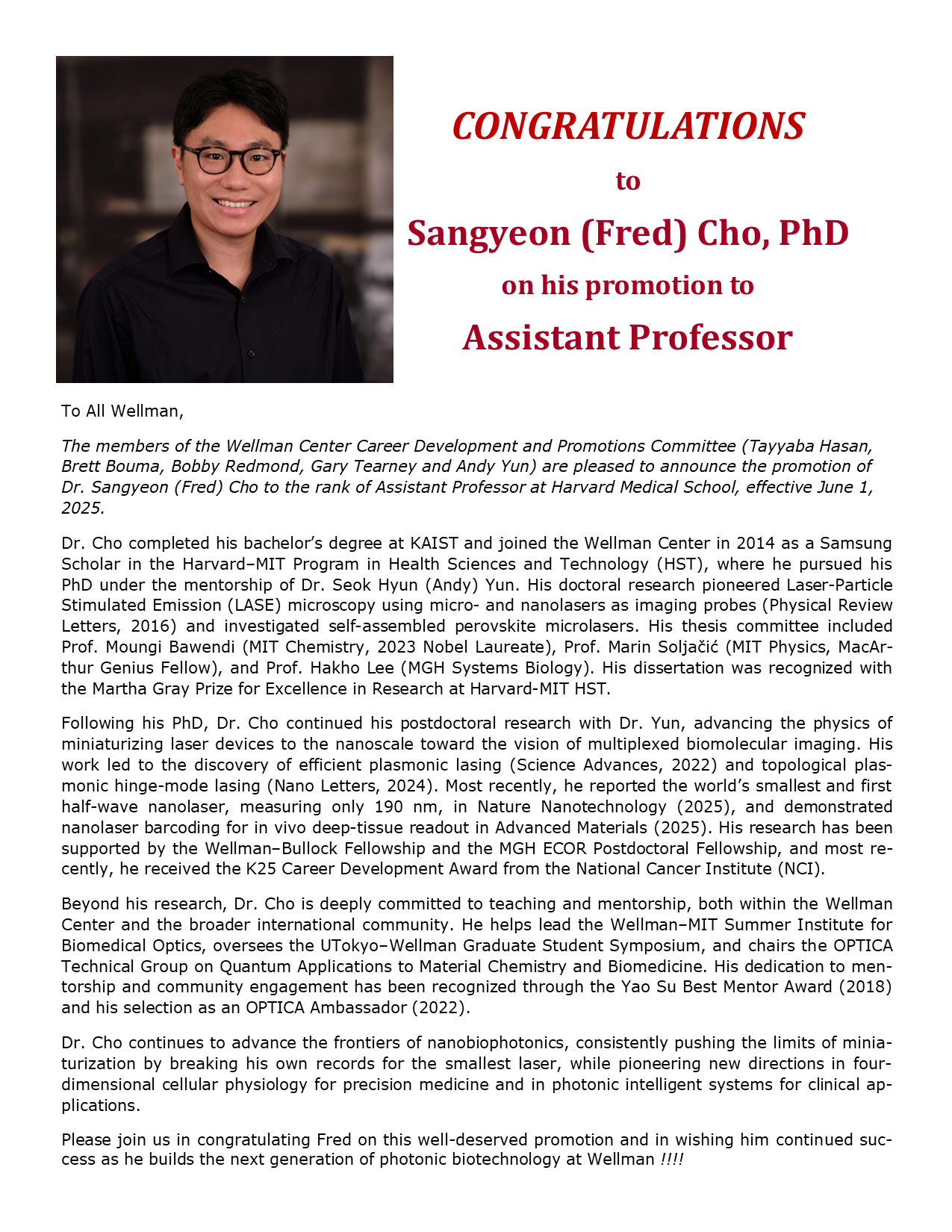 Announcement of Dr. Cho's promotion to Assistant Professor and launch of the Cho Lab