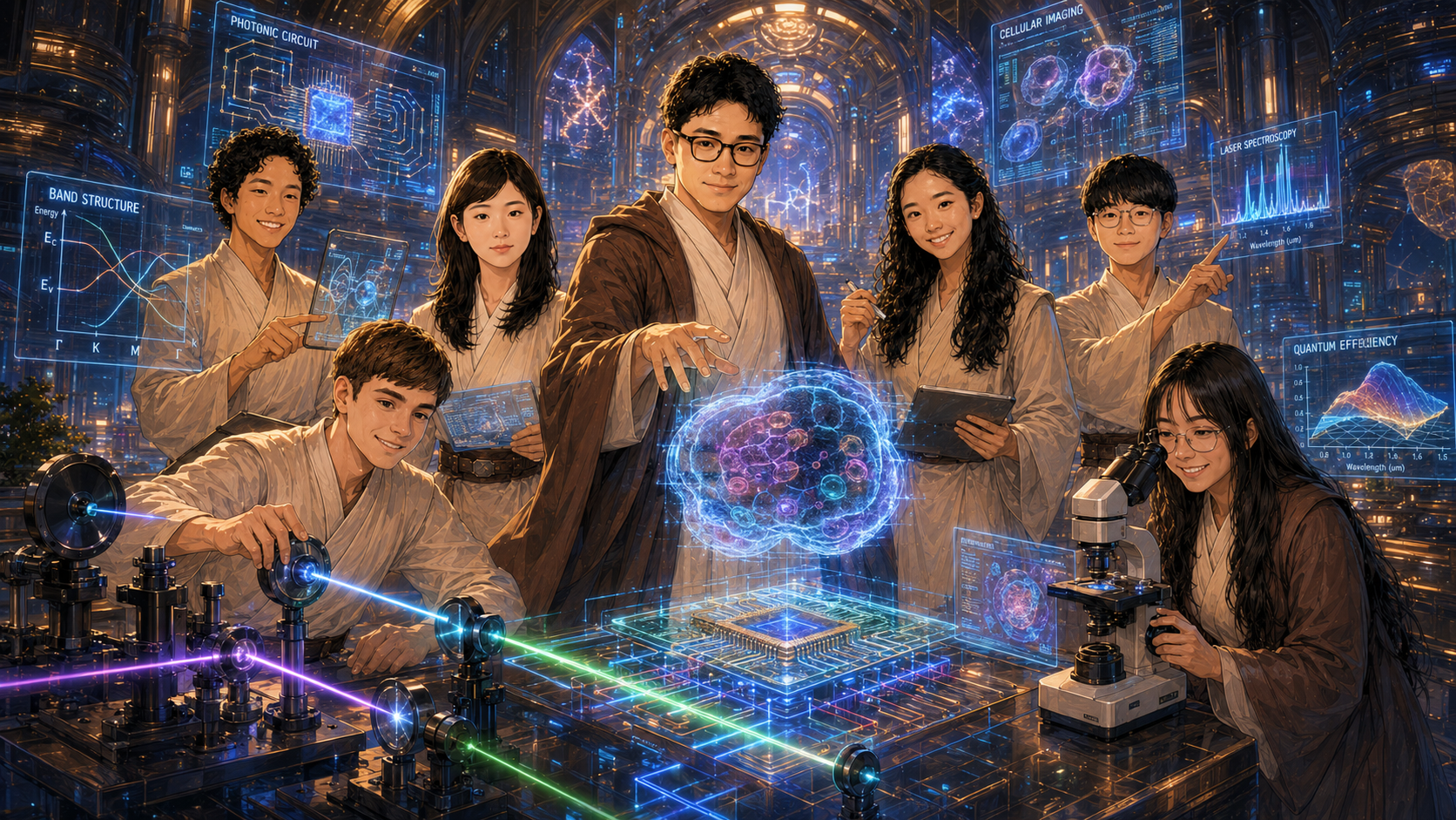 Illustration of Cho Lab members working together in a research laboratory